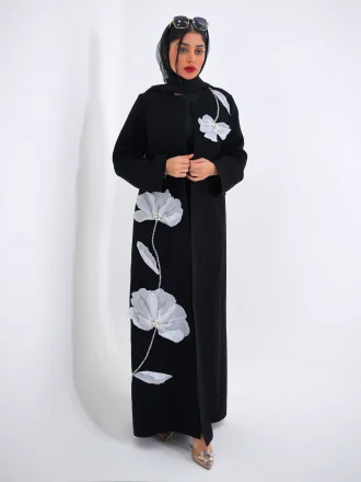 مانتو کرپ بلند مشکی گل سفید