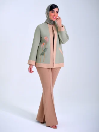 کت ژاکارد گل ارکیده رنگ سبز و کرم