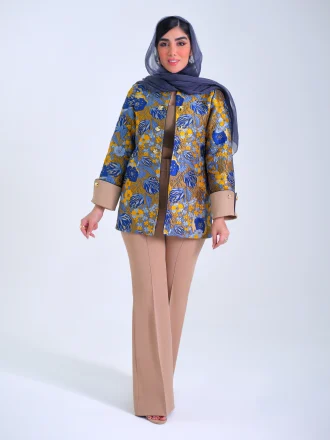 کت ژاکارد ترک طرح گل آبی