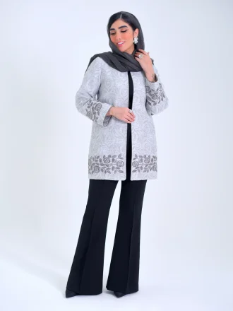مانتو ژاکارد طرح گل خاکستری