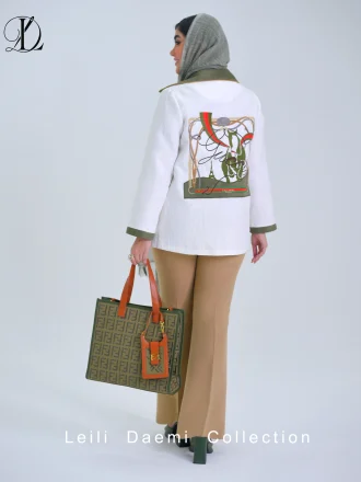 کت ژاکارد سفید و سبز گلدوزی