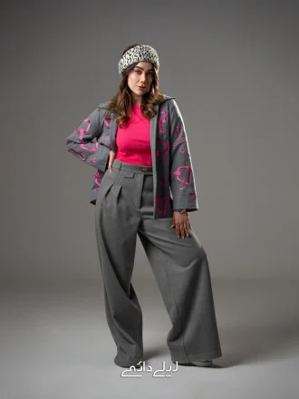 پالتو گلدوزی زنجیری کوتاه خاکستری و سرخابی