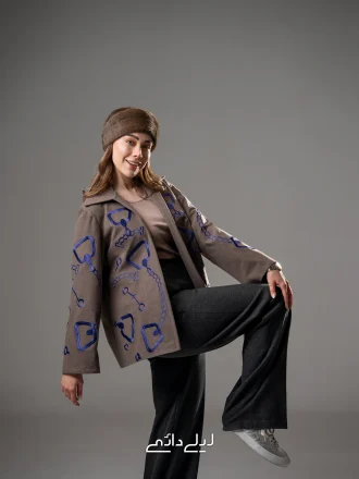 پالتو گلدوزی زنجیری کوتاه خاکی و سورمه ای