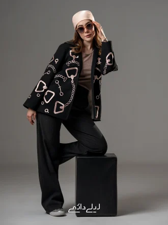 پالتو گلدوزی زنجیری کوتاه مشکی و کرم