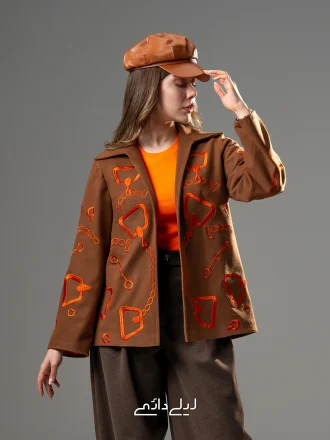 پالتو گلدوزی زنجیری کوتاه قهوه ای و نارنجی