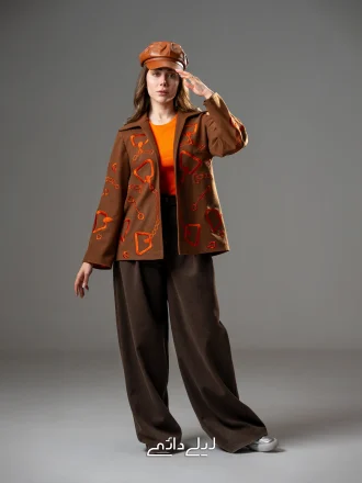 پالتو گلدوزی زنجیری کوتاه قهوه ای و نارنجی